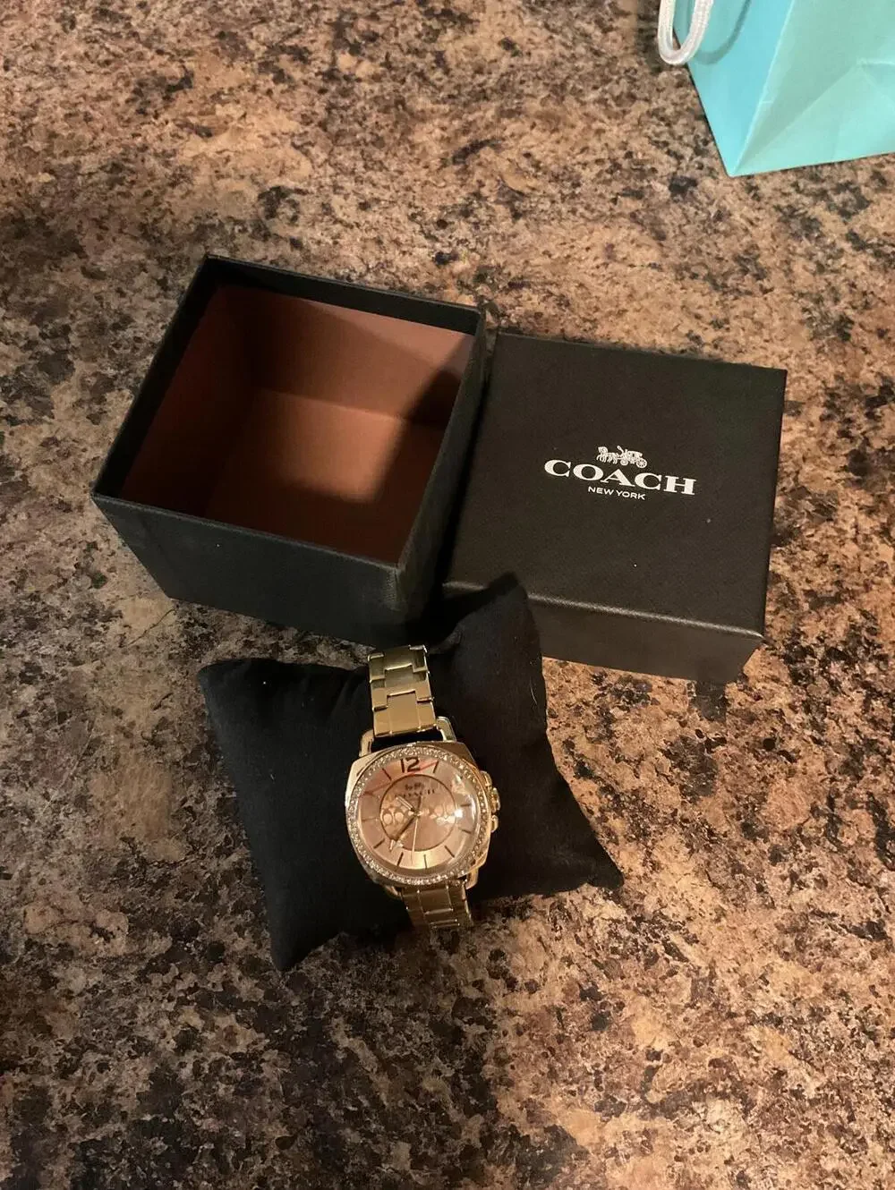 COACH Boyfriend Gold Tone Watch 14503141 Crystal Bezel Signature C Dial + Box